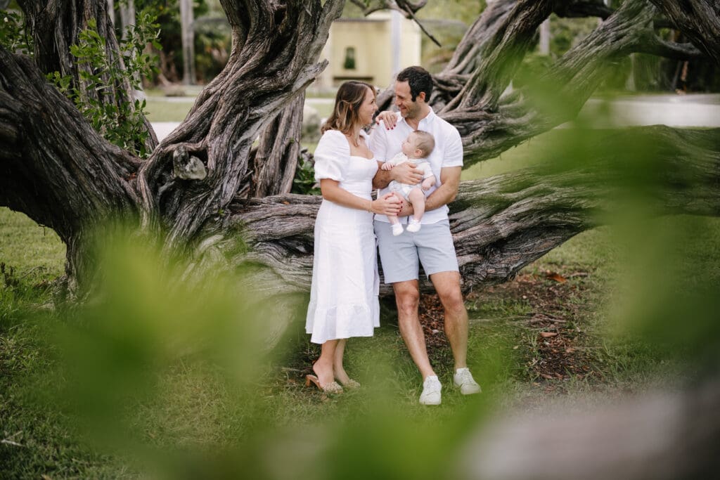 Family photography at Crandon Park in Key Biscayne, parents holding baby under large twisted tree by Carolina Menendez Photo