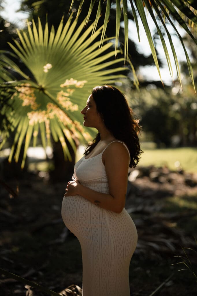 Outdoor maternity session with a pregnant woman standing beneath palm leaves during golden hour, photographed in natural light