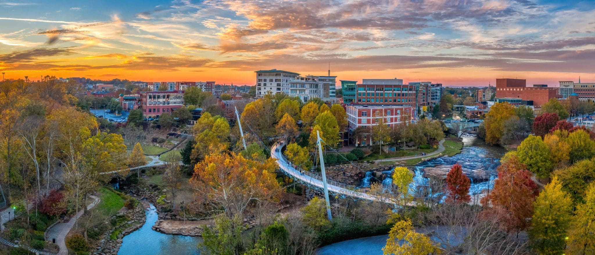 Falls Park on the Reedy waterfall and Liberty Bridge in downtown Greenville South Carolina
